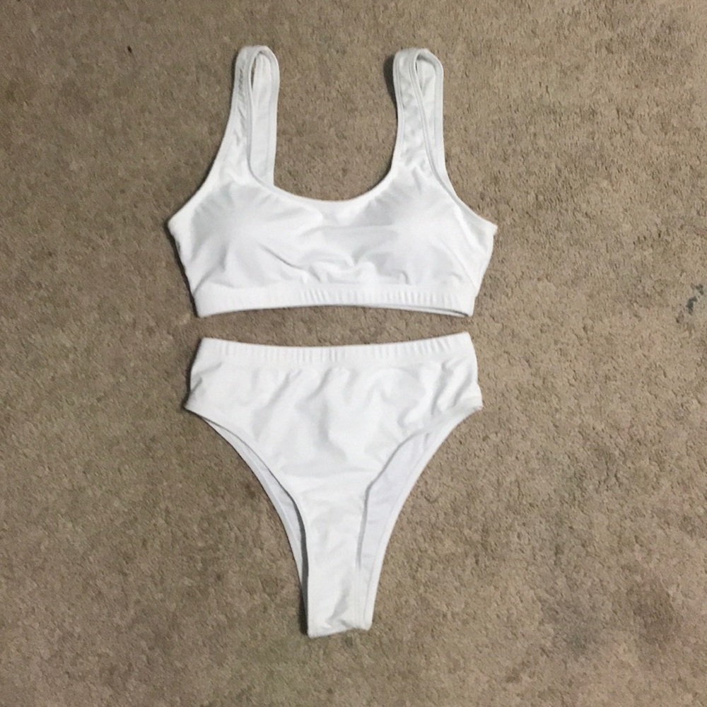 white high waisted bathing suit.